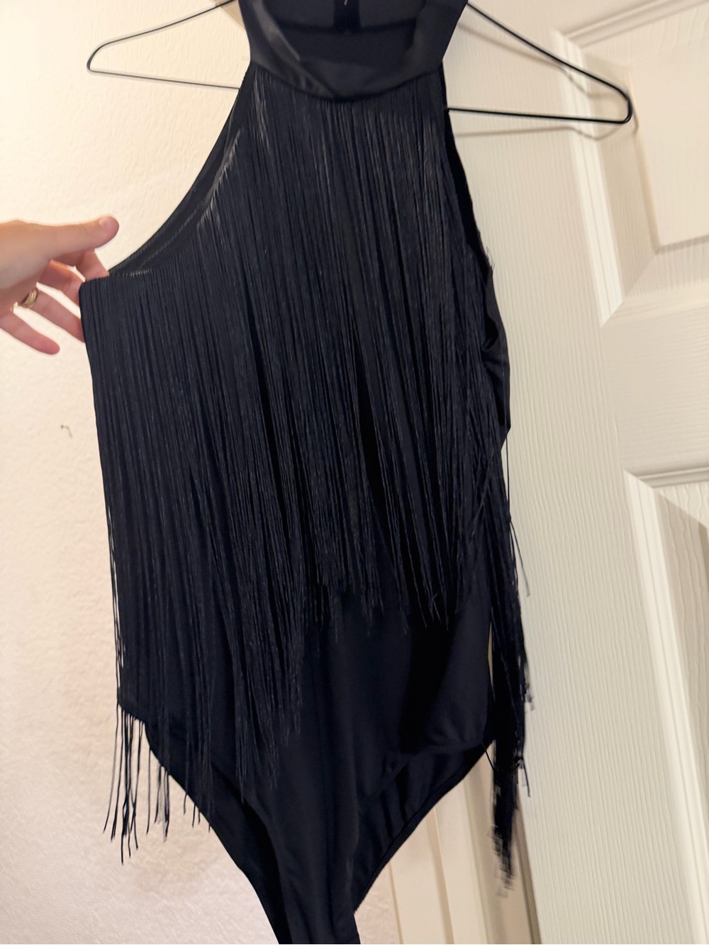 SHEIN Black Fringe Halter Bodysuit